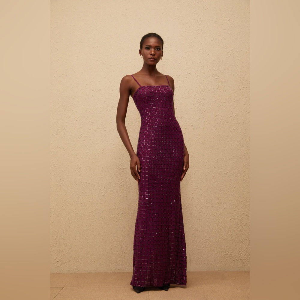 Beaded Spaghetti-Strap Evening Gown in Deep Plum